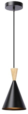 Alpinaluz Lámpara Colgante de Techo – Pantalla Cónica de Acero Lacado en Negro con Detalle en Madera Natural – Diseño Nórdico Minimalista – Casquillo E27 para Cocina, Comedor y Dormitorio