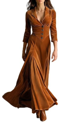 GMQWRK Abiti in velluto da donna UK Fashion Casual Slim manica 3/4 Flowy A-Line Midi Dress con bottone in vita impero elegante colletto scollo a V orlo plissettato abiti di lusso in velluto peluche