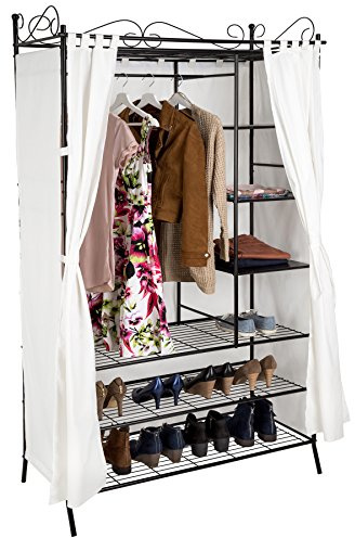 tectake® Metall Garderoben Schrank mit Vorhang 112 x 207 x 57 cm, offener Kleiderschrank, Stoffschrank mit Kleiderstange, Kleideraufbewahrung & Organisation 3 große und 3 kleine Fächer, Wäscheschrank