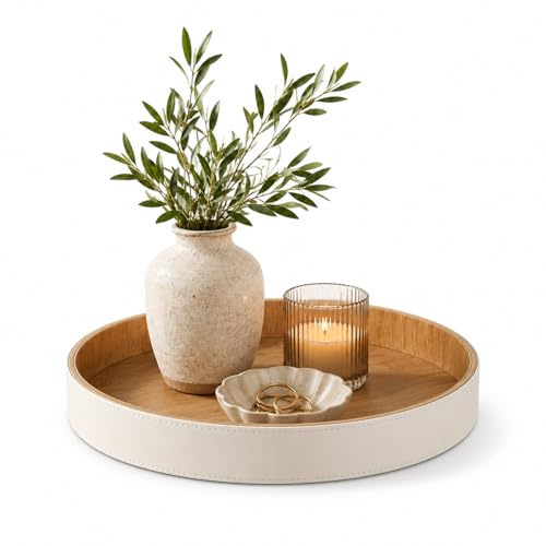 GORESE Vassoio Portacandele,Vassoio Rotondo 30cm Piatto Decorativo Rotondo per Candele Vassoio Portaoggetti in Pelle Centrotavola in Rustico Modern Baby Shower Anniversario Decorazione per La Casa