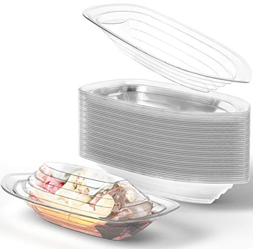 Super Fun, Recyclable Banana Split Boats 50 Pack. Best Long, 12 Oz + 8 Oz Combo of Disposable Bowls for Ice Cream Sundaes. Perfect Clear Plastic Sunday Cups for Kids Birthday Parties.