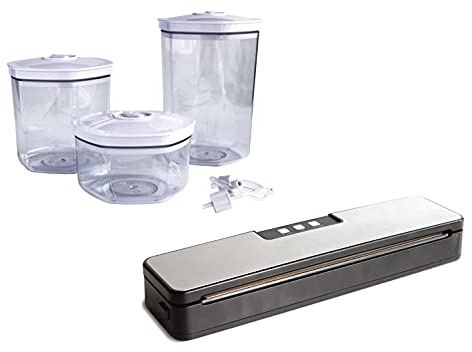 Maxxo Professionelle Vakuumiergerät VM Compact folienschweißgerät für Sous Vide edelstahl Haus- Vakuumierer + Vakuumbeutel/Vakuumbehälter Set Vakuumierdosen für Vakuumieren