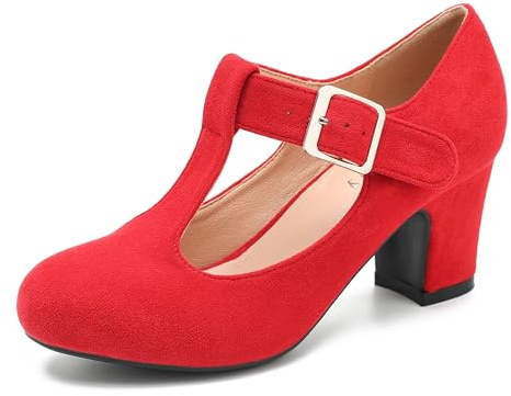 Women's T-Strap Mary Jane Pumps Low Block Chunky Heels Closed Round Toe Dress Wedding Office Work Shoes, Red Suede, 9 UK