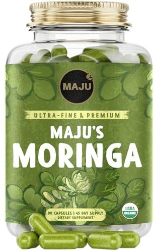 Maju Superfoods Organic Moringa Capsules, Oleifera Leaf, Extra-Fine Quality Moringa Leaves, Dried Drumstick Tree Leaves, Organic Moringa Powder Extract Supplement Capsules from Plant (90 ct)