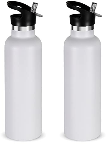 Volhoply 750ml Trinkflasche Edelstahl Zwei Packungen,Doppelwandig Vakuum Isolierte Thermosflasche mit Strohhalm,Metall Water Bottle Thermobecher FüR kinder, Sport, Schule, Outdoor(Weiß,2 Set)