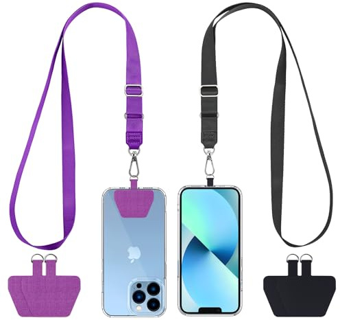 CACOE Phone Lanyard 2 Pcs Adjustable Neck Strap,4 Pcs Patches,Universal Crossbody Multifuctional Polyester Lanyards Compatible with Most Smartphones(Black+Purple)