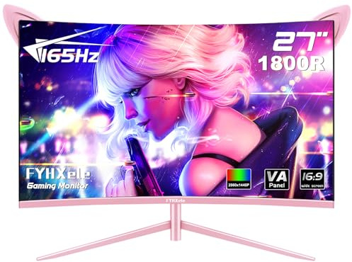 FYHXele FY27QHP Pink Monitor 27 Inch Curved Gaming 165Hz - Support 144Hz 1800R 1ms QHD 2560 x 1440P VA Screen, Built-in Speakers, AMD Free-Sync, HDMI, DP, USB, AUX, Tilt Adjustable