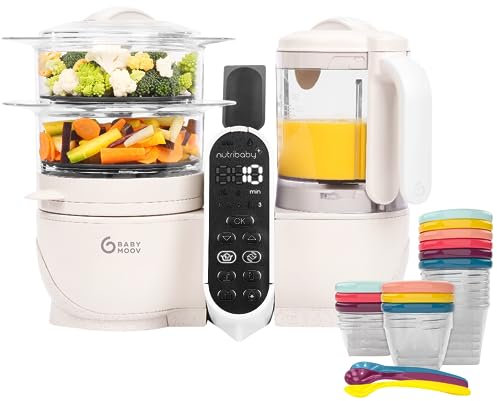 Babymoov Set Nutribaby Plus Mineral Beige - Babynahrungszubereiter, 2200ml Fassungsvermögen + Babybols Aufbewahrungsbehälter für Babynahrung 15-teilig (3x120ml + 3x180ml + 6x250ml + 3 flexible Löffel)