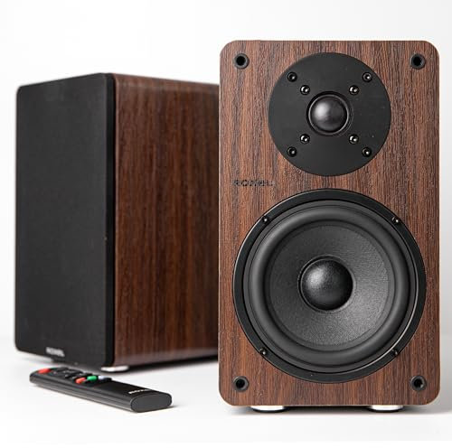 Roxel Onyx Active Bookshelf Speakers, 100-Watt RMS Power, Wireless BT 5.0 Streaming, HDMI ARC, 3-Metre Speaker Cable, Dynamic Sound for Movies, Music, Office, Home Theatre (Walnut)