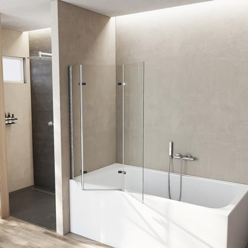 Heilmetz Pare baignoire 120 x 140 cm,3 volets pliable,Paroi de baignoire Rotation à 180°, Color Chrome, 6mm verre de sécurité, Pare de baignoire Revêtement nanométrique double face