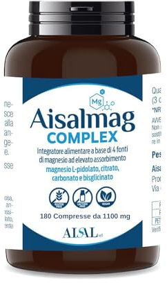 Aisalmag Magnesio Completo, Integratore Alimentare a base di Bisglicinato, Citrato, Carbonato e L-Pidolato, 180 compresse 450 mg per dose giornaliera. Integratore contro lo stress (180 Compresse)