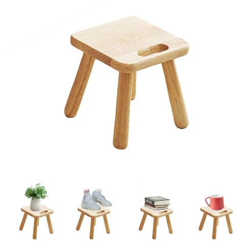 Yier Mei Handle Small Wooden Stool, Square Plant Stand Indoor Stool Small Side Table for House Plants, Kids Step Stool for Bedroom Bedside or Bathroom (Wood Color,24cm)