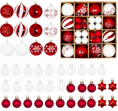 44 Pcs Sparkling Red & White Christmas Tree Decorations - Festive Hanging Baubles for Xmas Trees
