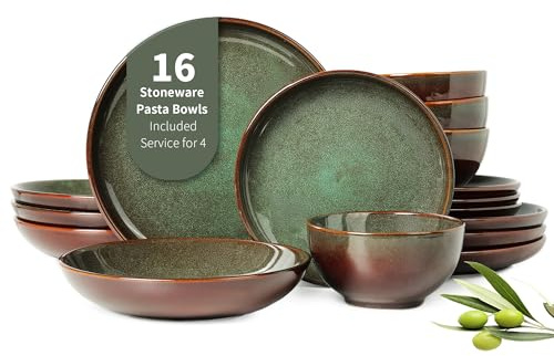 Pokini 16 Piece Double Bowl Dinnerware Sets with Pasta Bowls, Highly Chip and Crack Resistant Plates and Bowls Sets, Natural Earthyware Ceramic Dishware Sets, Service for 4 Sage Green