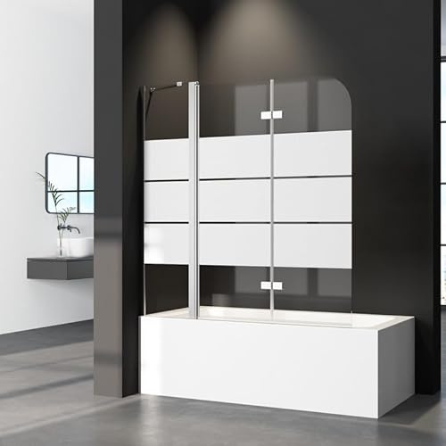 WDWRITTI Duschwand für Badewanne 150x140cm Faltbar Gestreift Glas, 3-teilig Mit Festem Segment Badewannenaufsatz, Duschabtrennung Mit 6mm ESG Glas
