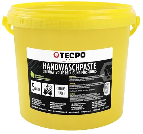 TECPO Handwaschpaste, 5 Liter - Profi Handreiniger gegen starke hartnäckige Verschmutzungen wie Öl, Fett, Ruß, Farbe -Waschpaste, Seife, Werkstatt, KFZ, Pflege und Reinigung