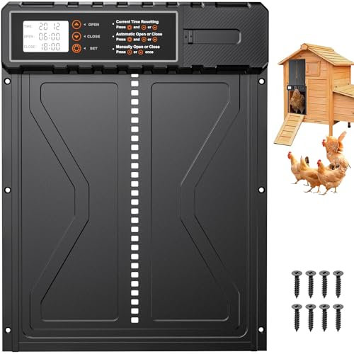 Rsaoty Automatische Hühnerklappe, Upgrade-Größe Automatische Hühnerklappe Batterie, Aluminiumlegierung Hühnertür mit Display, Intelligenter Einklemmschutz,Timer, Manuelle,für Sichere Hühnerhaltung