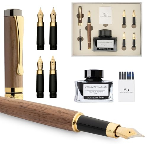 Wordsworth & Black Fountain Pen Gift Set, Incluye botella de tinta, 6 cartuchos de tinta, convertidor de recarga, 4 plumines de repuesto, bambú de lujo, caligrafía, plumas de escritura [Madera marrón]