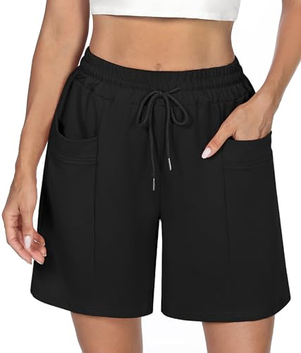 Demegimi Pantaloncini Sportivi Running Donna a Vita Alta Pantaloncini Donna Palestra in Cotone Estivi con Tasche per Fitness Yoga Jogging(Nero,L)