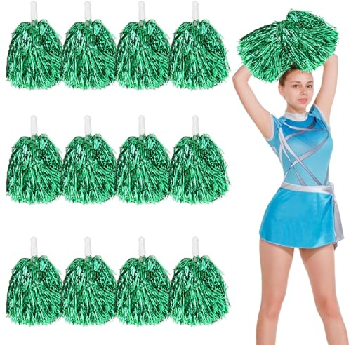 12pcs Cheerleading Pom Poms with Handle Cheerleader Pompoms Metallic Foil Pom Poms Cheerleader Outfit Accessories for Sports Team Spirit Cheering Party Dance Night Party (Green)