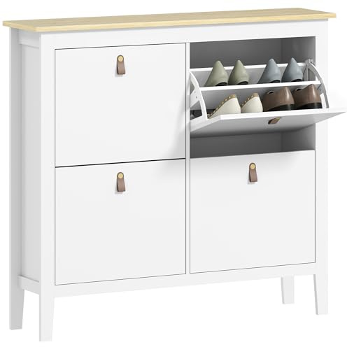 HOMCOM 4 Drawer Shoe Cabinet with Flip Doors, Narrow Shoe Storage Cabinet with Removable and Adjustable Shelves, 20 Pairs Footwear Cupboard for Hallway, Entryway, 105 x 24 x 95.5 cm, White