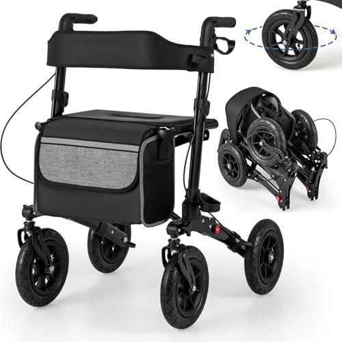 RELAX4LIFE Déambulateur 4 Roues Pliable Léger | Rollator 4 Roues Tout Terrain | Assise & Dossier Rembourrés | Panier | Hauteur Réglable | Déambulateur Pliable Portable pour Personnes Âgées (Noir)