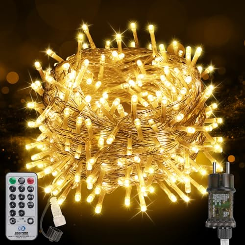 FairyGlim Catena di luci natalizie con telecomando, 20 m, 200 LED, impermeabile, per esterni, 8 modalità, ideale per giardini, feste, terrazze e balconi, decorazione festiva (bianco caldo)