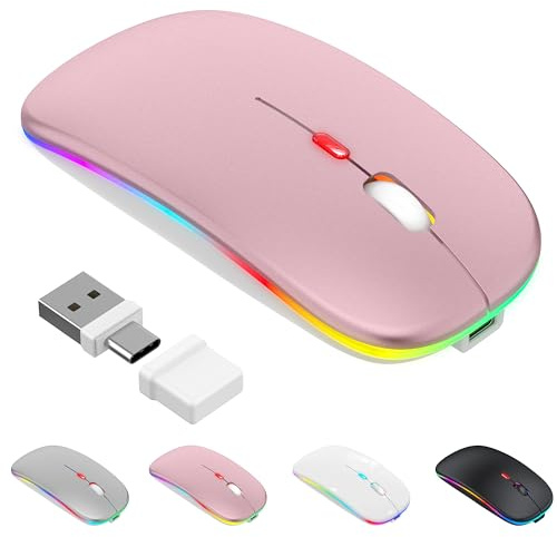 Azmall Mouse wireless con modalità jiggler – Bluetooth 5.2 & 2.4G radio per computer portatile, PC, iOS, Android, iPad e Windows, LED a 7 colori e 1600 DPI ottico (Modalità Jiggler, Oro Rosa)