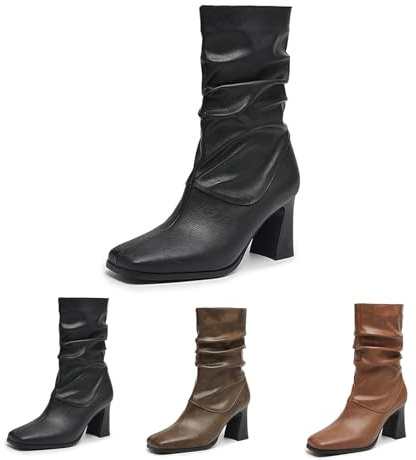 Stivali Corti Con Tacco A Blocco 2025 Stivaletti Chelsea Con Punta Quadrata Da Donna Tacchi Alti 8 Cm For Feste Stivaletti Eleganti Con Cerniera Laterale Scarpe Alla Caviglia In Pelle PU(Black,41 EU)