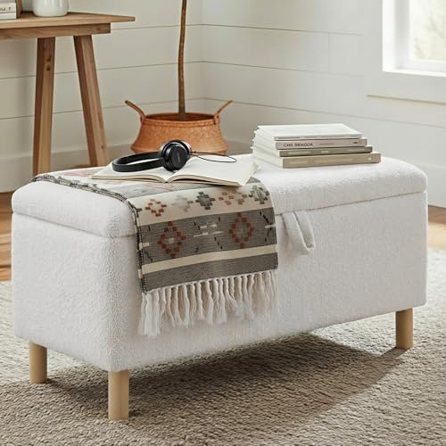 COLAMY Large Ottoman Storage Box for 80L, Wooden Ottoman Storage Bench with Anti-Slip Pads and Lift-Up Lid, Foot Stool for Living Room, Bedroom, Entryway, Boucle Fabric Footstool with Storage, White