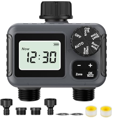 Fizzyo Water Timer 2 Outlets, Programmable Sprinkler Timer with Rain Delay Manual/Automatic Watering System, IPX5 Waterproof Hose Timers Digital Irrigation Controller for Lawn Yard Garden Watering