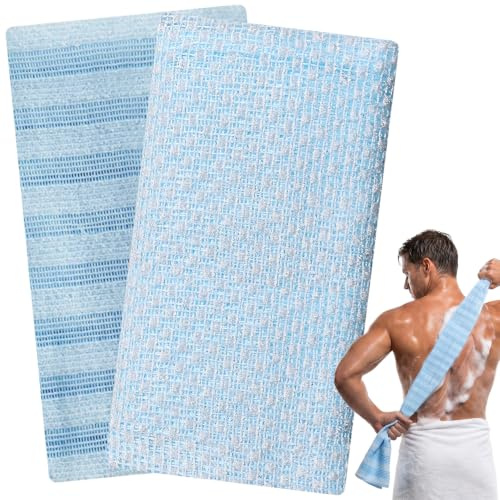 YAWYO 2 st Exfolieringshandduk, Extra Lång Japanisk Exfolieringshandduk, Duschsvamp för Dam och Herre, Kroppsbörste Luffa (Blå Ränder, Blått Rutnät)