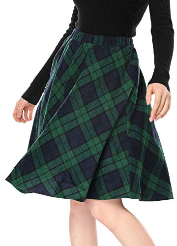 Allegra K Women's Plaids Vintage Tartan Elastic Waist Knee Length A-Line Skirt Large Green