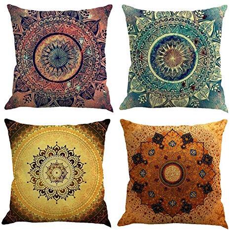 Freeas Set of 4 Mandala Throw Pillow Covers Bohemian Decorative Square 18 x 18 Inch 45 x 45 cm Boho Cushions for Home Decor Design Sofa Bedroom Car Floral Outdoor Cushions (B)