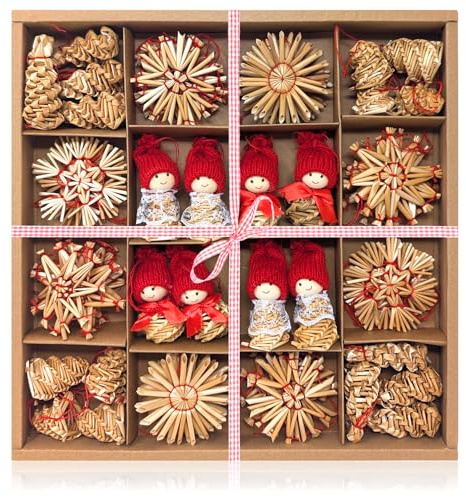 COM-FOUR® Juego de Estrellas de Paja de 56 Piezas - Estrellas, Campanas, abetos y Figuras Tradicionales como Adornos para árboles de Navidad - pequeños Colgantes de Paja - Colgantes Naturales