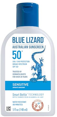 Blue Lizard Sensitive Mineral Sunscreen with Zinc Oxide, SPF 50+, Water Resistant, UVA/UVB Protection with Smart Bottle Te.