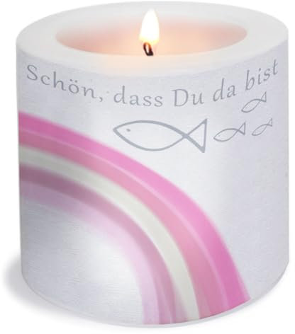 Serviettenshop Kerze rund Rainbow Fishes rosa | Kommunion,Konfirmation, Taufe für Mädchen mit Regenbogen und Fische | Schön DASS du da bist | Ø 8cm | Höhe 7,5cm