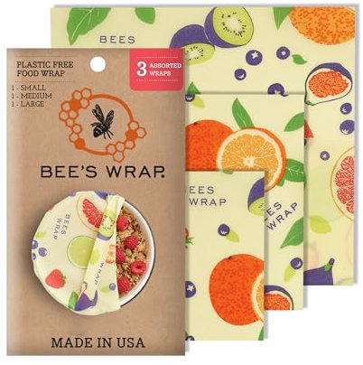 Plastic Free Bee's Wrap Assorted 3 Pack, Made in USA, Eco Friendly Reusable Beeswax Food Wraps, Sustainable, Zero Waste Alternative for Food Storage - 1 Small, 1 Medium, 1 Large (Fresh Fruit Pri