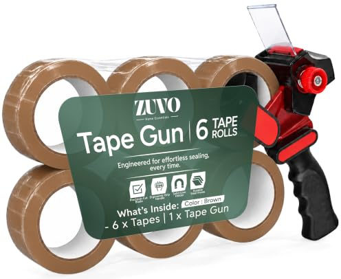 Zuvo Packing Tape Gun with 6 Brown Tape Rolls, Heavy Duty Tape Dispenser | Metal ergonomic dispenser, brown packing tape 48mm x 66m, moving, warehouse, home and office use