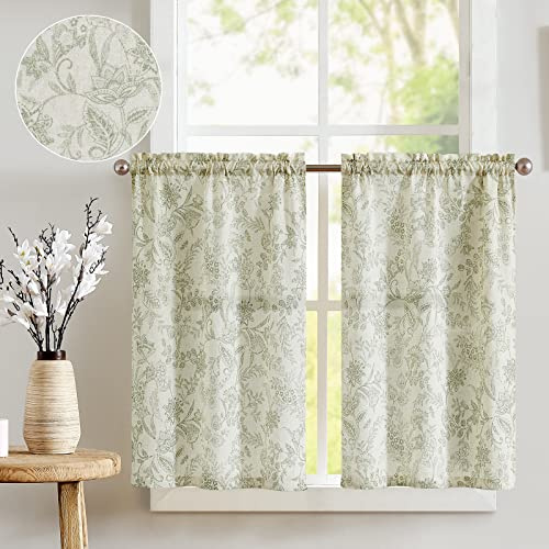 jinchan Floral Kitchen Curtains for Windows 24 Inch Linen Tier Farmhouse Cafe Curtains Country Botanic Small Window Rod Pocket Rustic Flax for Laundry Bathroom RV 2 Panels Sage Green on Beige