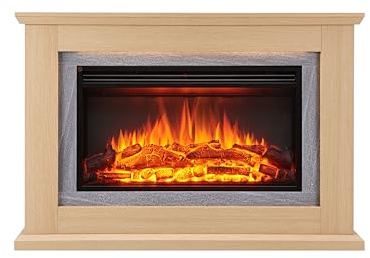 BALDERIA Xenia Elektrisk kamin – elektrisk öppen spis med värme 1 000/2 000 W, realistisk 3D-lågeffekt, LED-belysning, fjärrkontroll programmerbar, timer, termostat, ljusbrun