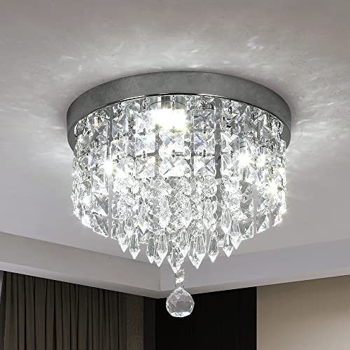 Deckrico Crystal Chandelier Modern Led Ceiling Light Flush Mount Stainless Steel Fixture Beaded Light Shade for Bedroom Dining Room Hallway Porch (Cool White)