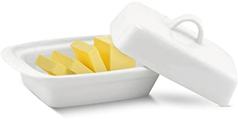 Flatro Ceramic Butter Dish with Lid | Large White Butter Container for Countertop 17.5L x 9W x 11.5H (cm) | Butter Storage Dish with Handle | BPA-Free Butter Keeper for Refrigerator