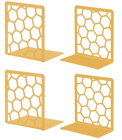 GEOMOD Geometric Honeycomb Gold Metal Bookends Decorative - Tall Sturdy Book Ends for Shelves - Modern Heavy Duty Bookend Stopper - Office or Home Book Shelf Book Holder - 6x3.25x6.25 Inches - 2 Pair