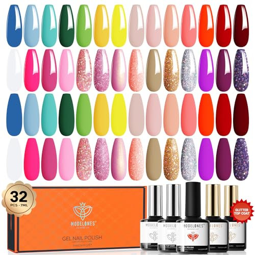Modelones 32-teiliges UV-Nagellack-Set - 28 Farben mit Base Coat, Matt, Glänzend & Glitter Top Coat - Pink, Rose, Nude, Rot, Grün - Soak Off Starter Kit für Maniküre - 7ml