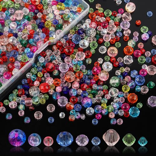 600 Pezzi Perline Vetro, 4/6/8 mm Cristalli per Bigiotteria, Perline Colorate Vetro, Perline di Vetro di Cristallo Crackle e Sfaccettato, Perline di Vetro Colorate Trasparente, per Artigianato