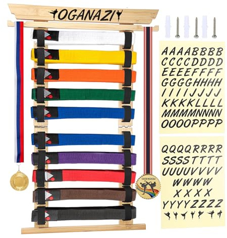 SUMNACON Soporte para cinturón de artes marciales, incluye 10 cinturones de bambú para taekwondo, soporte de pared para judo, karate y ninjitsu, regalo personalizado