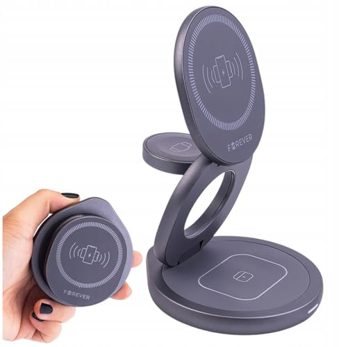 Forever 3-i-1 induktiv magnetisk laddningsstation grå - hållare med 15 W trådlös laddare - telefonladdare med 360° rotation - induktion laddningsstation för iPhone