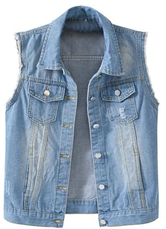 HUIFUAO Ärmellose Denim-Jacken für Damen, Übergröße, Jeans-Weste, Knopfleiste, Revers, Weste, Tanktops mit Tasche, Vintage-Weste, Hellblau, M