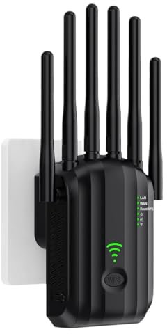 Répéteur WiFi, Amplificateur WiFi, Repeteur WiFi, 6 Antennes, 2 Ports LAN, WiFi Extender, Routeur/Répéteur/AP Mode, Couverture Complète à 360°, Couverture Jusqu'à 300 m², Facile à Installer (Noir)
